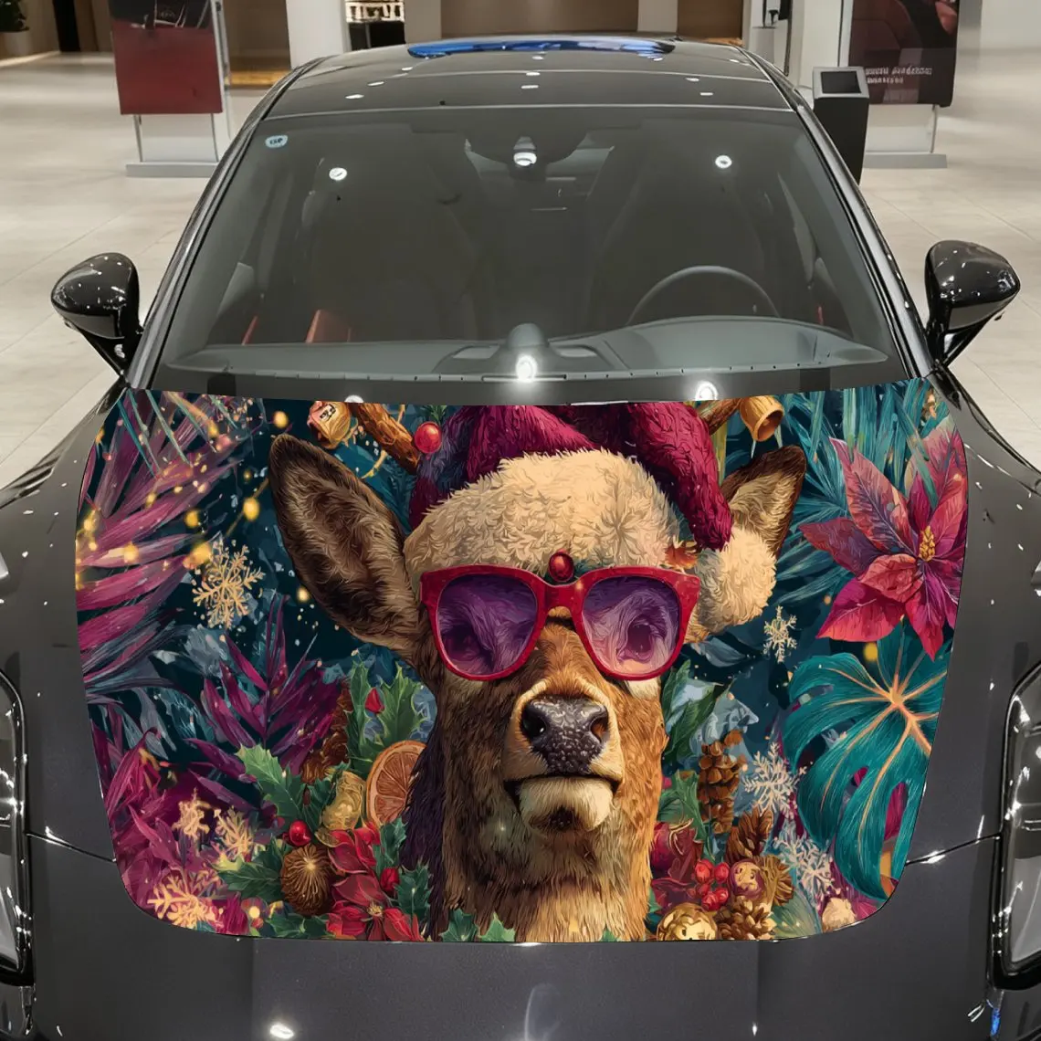 Interesting Christmas Deer with Sunglasses Car Hood Decal, Waterproof Self-adhesive Vehicle Vinyl Wraps Sticker, Cool Auto Cover