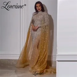 Lowime Design Design Muslim Glitter Long Sleeve Evening Dresses 2023 Beaded Crystals Mermaid Champagne Pink Woman Party Gowns