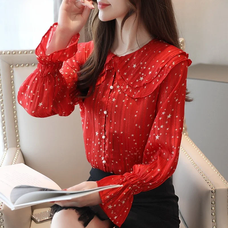 

Loose Long Sve round Ne ort Length Color Star Print Open Cardigan Women's Faionable Fairy T Sle Blouse