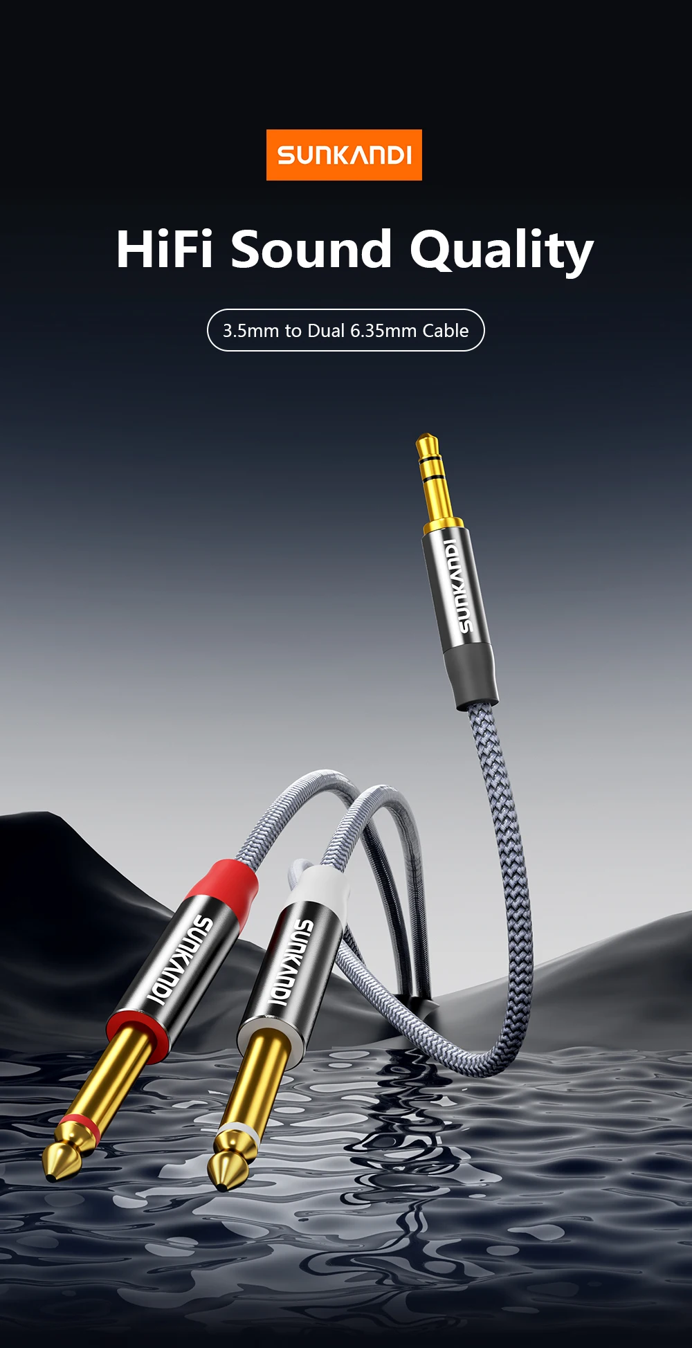 SUNKANDI 1/8 to 1/4 Audio Cable, 3.5mm TRS to Dual 6.35mm 1/4 TS Mono Y Splitter Audio Cord Adapter for PC, Home Stereo System