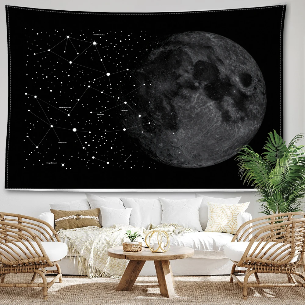 Black Moon Constellation Printed Tapestry Wall Hanging Bohemian Style Bedroom Home Decor