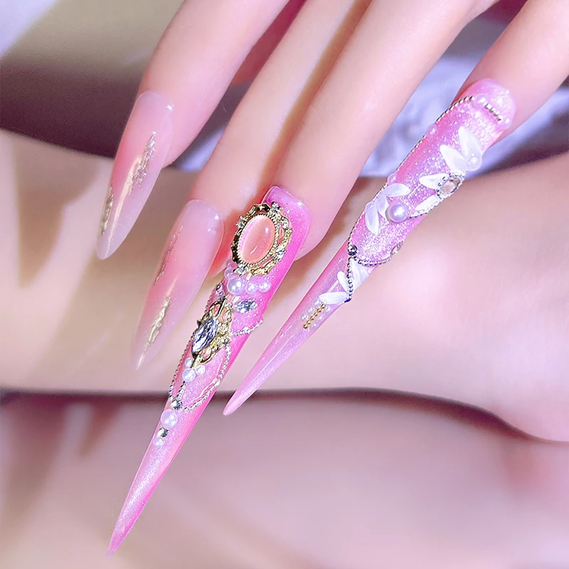 

14 Piece（4long+10short）Press On Nails, Pink with Pearl Gemstone Decor, Floral Vintage Accents, Long Stiletto Shape for Roy