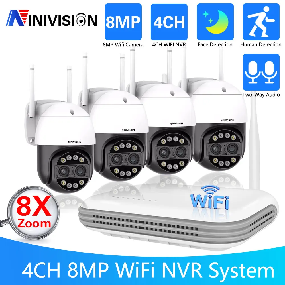 

8X Zoom 4K Wif CCTV Camera Security System Kit 4CH Color Night Vision Wireless PTZ Camera Video Surveillance Kit 4MP Wif NVR Kit