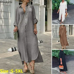 Plus Size 4XL 5XL Women's Casual Cotton Linen Dress with Long Sleeve Solid Split Button Up Long Shirt Dress Female Robe Vestidos