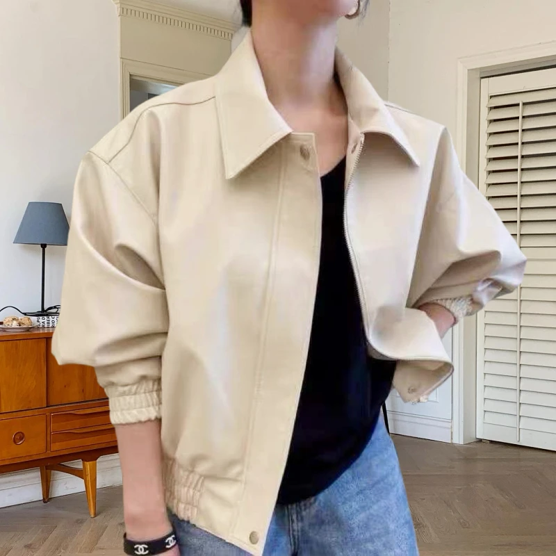 Korean Casual Short Faux PU Leather Jacket Apricot Coffee Color Black Women Lapel Batwing Sleeve Elastic Waist PU Biker Jackets