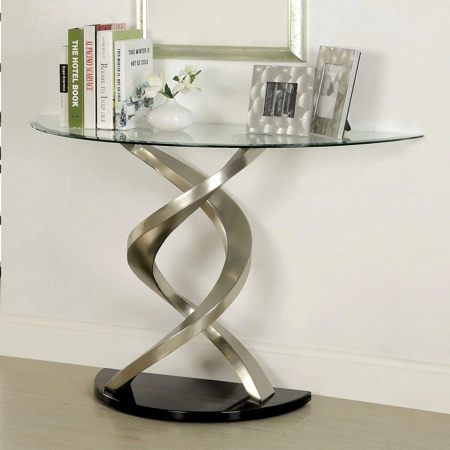 Sofa Table with Twisted Metal Base and Semi Circular Glass Top, Silver and Black