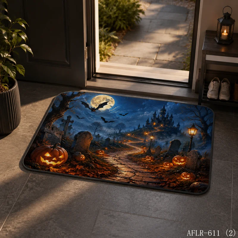 VIKAMA Giant Bat Castle Full Moon Halloween Doormat Non Slip Indoor Outdoor Rug Dark Spooky Front Entrance Welcome Door Mat