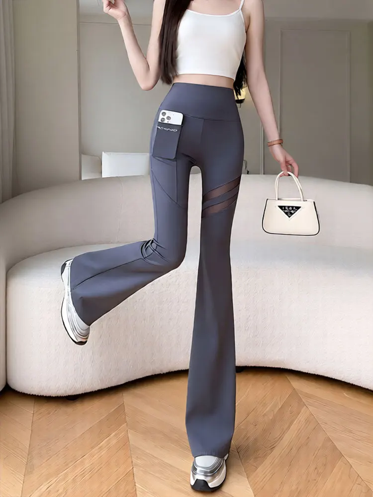 Hollow out Sexy Sport Flared Trousers Women Spring Summer Thin Mesh Patchwork High waist Pants Ladies Stretch Yoga Pants
