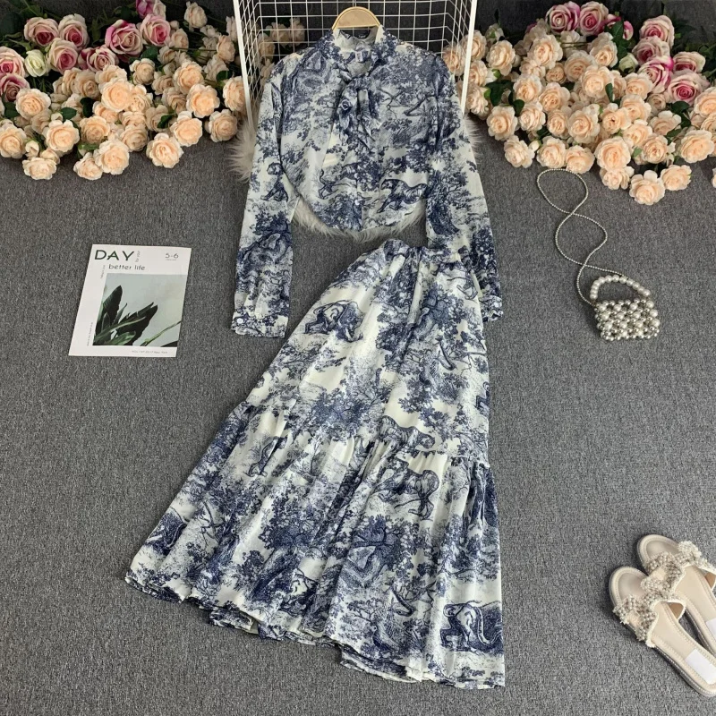 

Summer Chiffon Dopamine Adult Lady like Woman Desire Fashion Suit Women's Printed Loose Pleated Shirt High Waist Drooping L