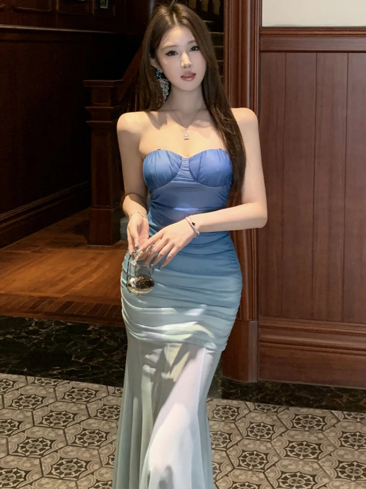 Women Vacation Clothes Sweet Sexy Chest Wrapping Skinny Folds Long Evening Dress Elegant Lady Fashion Party Prom Vestidos Robe