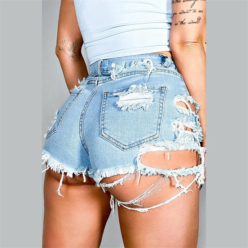 Fashion Sexy Rip Irregular Broken Holes Denim Shorts Women Tassel Trouser Legs Mini Jeans Female High Waist Three Quarter Pants