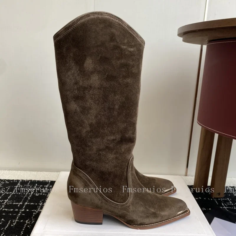 2025 العصرية قبعات رعاة البقر الغربية أحذية النساء حذاء برقبة للركبة كعب مكتنز جلد طبيعي أشار تو موضة أنيقة تصميم موجز