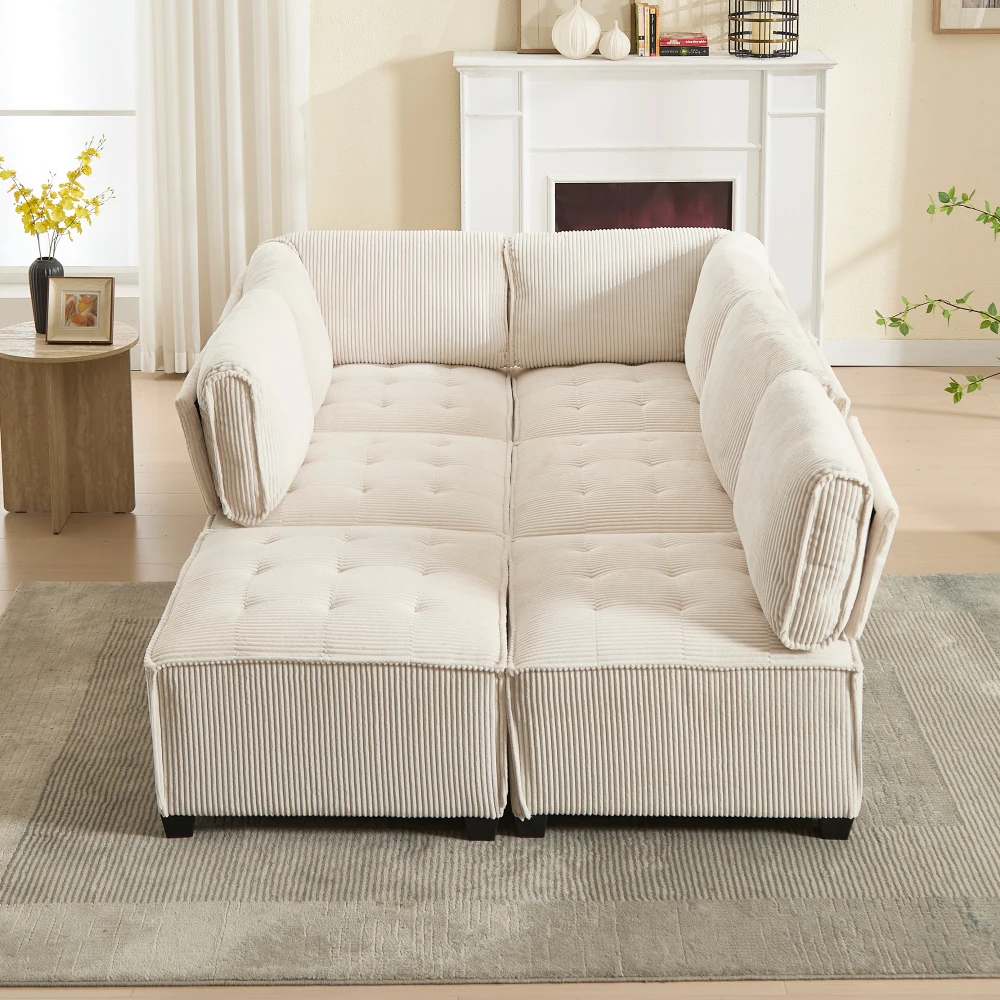 Sofa Modulares 6-Sitzer-Sofa, Kordelstoff, ergonomisch, Aufbewahrungstaschen, flexibel kombiniert als U-Form/L-Form/Sofabett – Detail 17