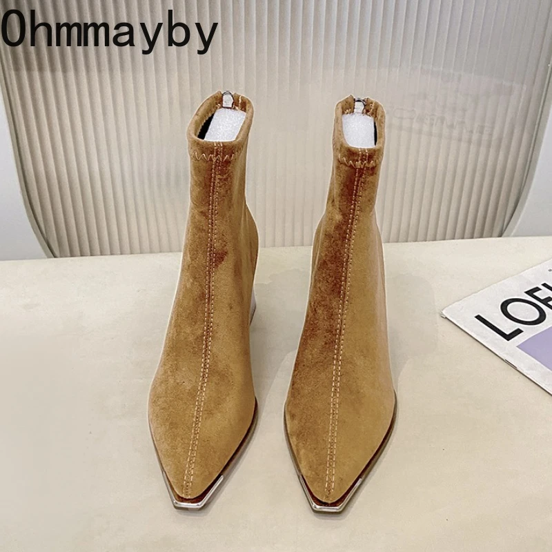 Winter Women Thick Heel Ankle Boots Fashion Pointed Toe Mordern Short Booties Street Style Party Stripper Female Shoes