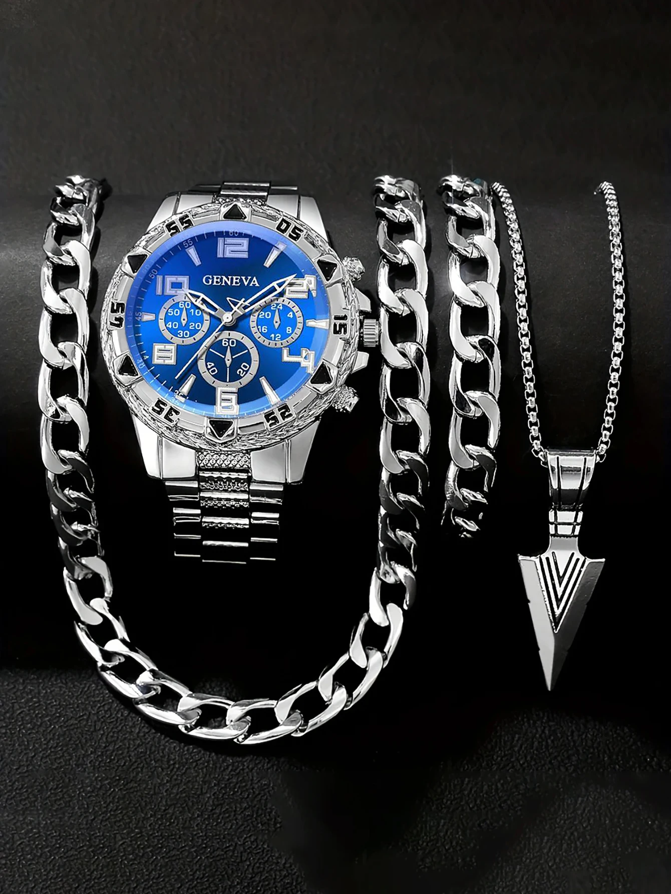 ساعة كوارتز رجالية فضية وزرقاء مع سوار وقلادة، هدية عصرية لعيد الأب لا تشمل الصندوق