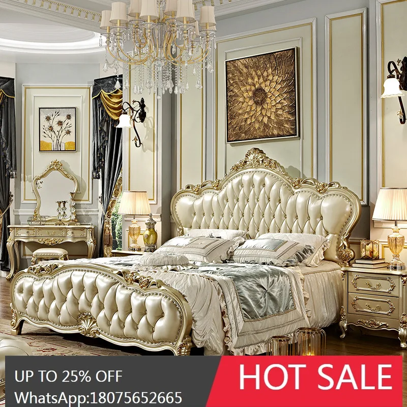 

SGF European Style Bed Master Bedroom Post-Modern Light Luxury Champagne gold Full Solid Wood Wedding Bed