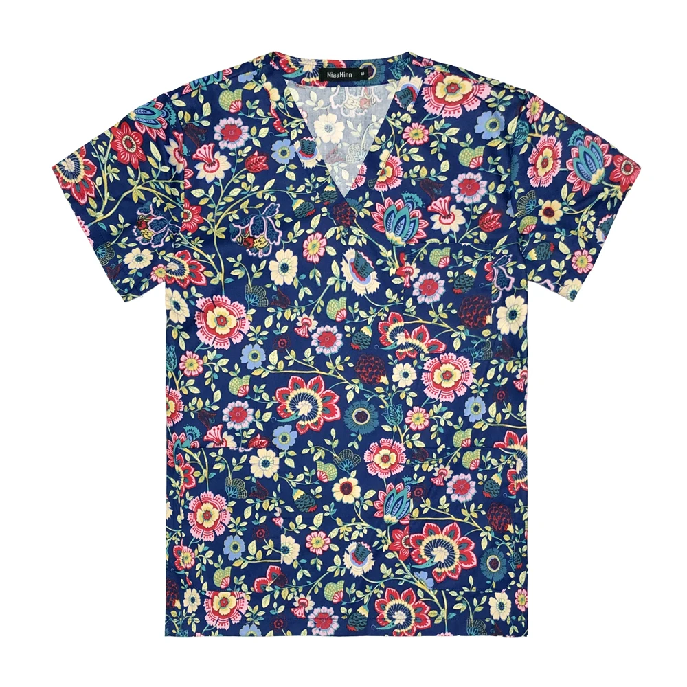 Blume Drucken Schönheit Agentur Nette Hohe Qualität Pflege Einheitliche Sommer Kurzarm Top V Neck Fashion Arbeit Uniform Op-kittel