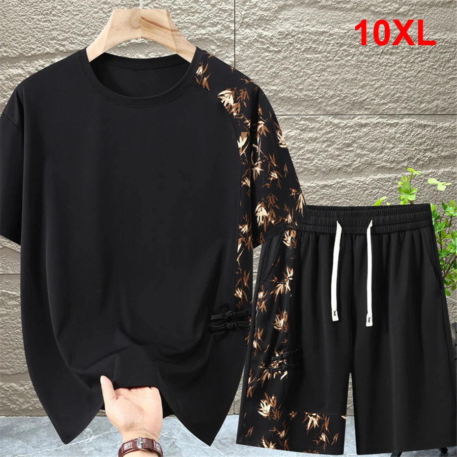 Summer Suits Men's Sets Plus Size 10XL Chinese Style Bamboo Leaf Print Patchwork Fashion Casual T-shirts Shorts Male Big Size