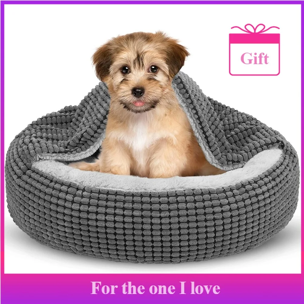 

Small Dog Bed with Blanket, Anti-anxiety Hooded Pet Bed, Soothing Cave Bed. Orthopedic Round Bed