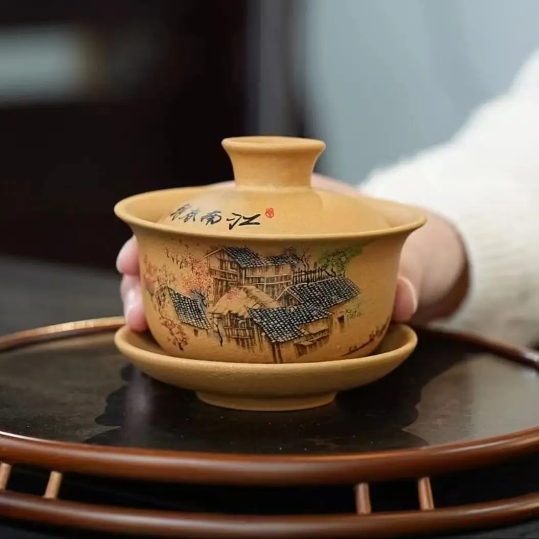 Yixing Hand-Painted Boccaro Cup, Segment Mud Tea Drinking Cup, Jiangnan Spring Kung Fu Tea Set, Handmade Gaiwan Retro, Landscape