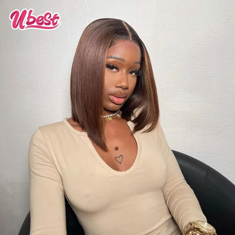 

Ubest 13X6 Transparent Lace Front Wigs Short Bob Straight 100％ Human Hair Brown Colored 5X5 Closure Wig Pre Plucked For Women