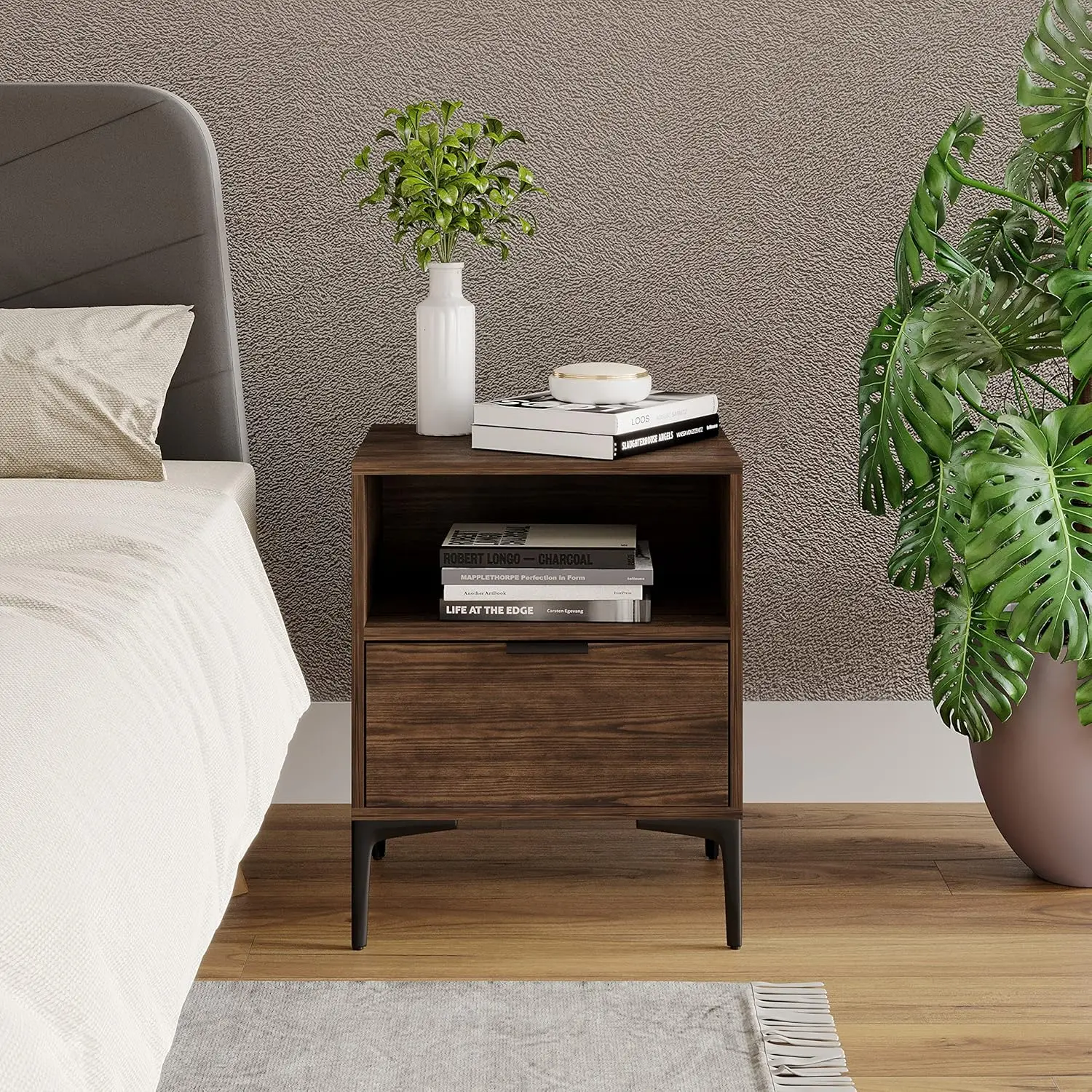 Contemporary Solid Wood Nightstand, Ball Bearing Slides Drawer & Storage - Penny Bronze Walnut&Black Finish - Bedroom Furniture