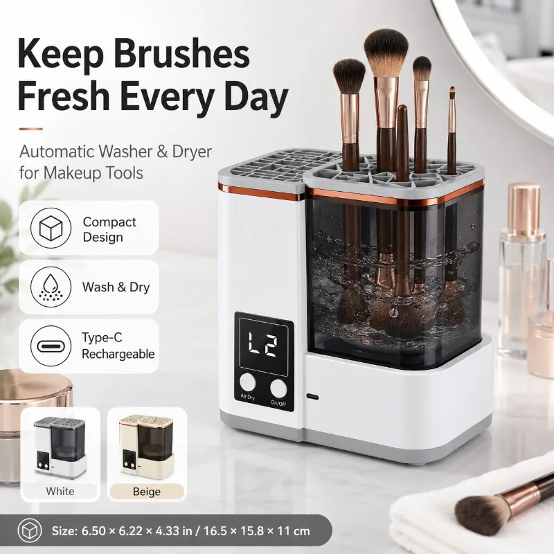 Portable Makeup Brush Cleaning Machine Automatic Washer Dryer 2 Wash Modes 2 Air Dry Modes for Beauty Brushes Home Travel Use