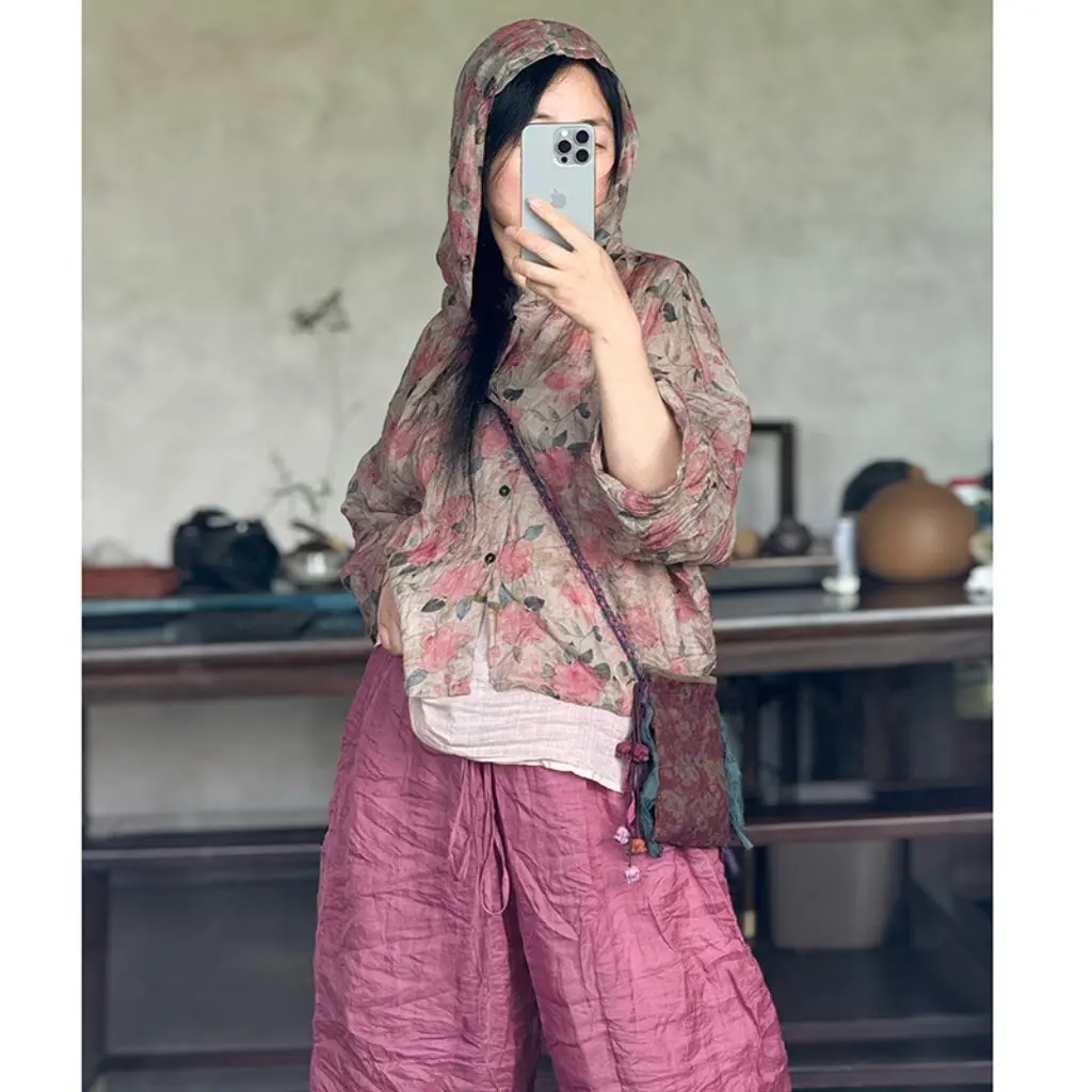 

High-Quality Sand Wash Linen Hooded Women's Jacket Casual Artistic Sunshade Top Short Length for Women