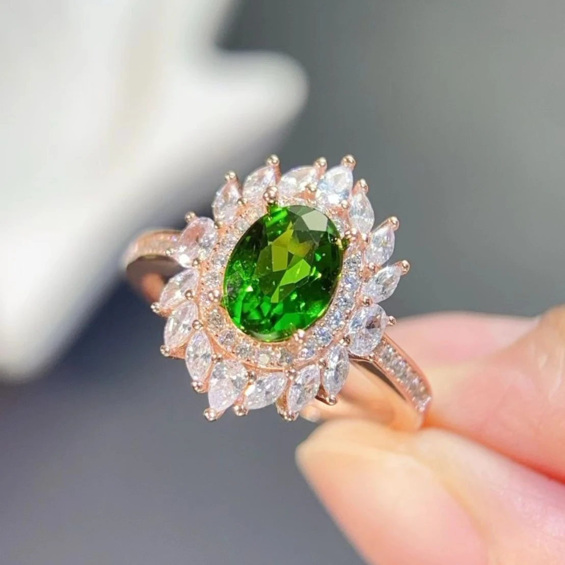 925 Silver Natural Chrome Diopside Ring 6x8mm 1ct Russian Diopside Jewelry with Certificate Gift for Women
