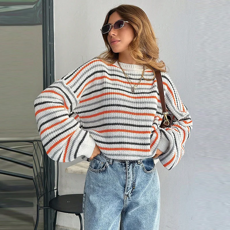 Regenbogenfarbener Gerippter Strickpullover für Damen Lässiger O-Ausschnitt Langarm Paneeliert Locker Sitzende Strickware Schicke Damen-Oberbekleidung Neu – Detail 10