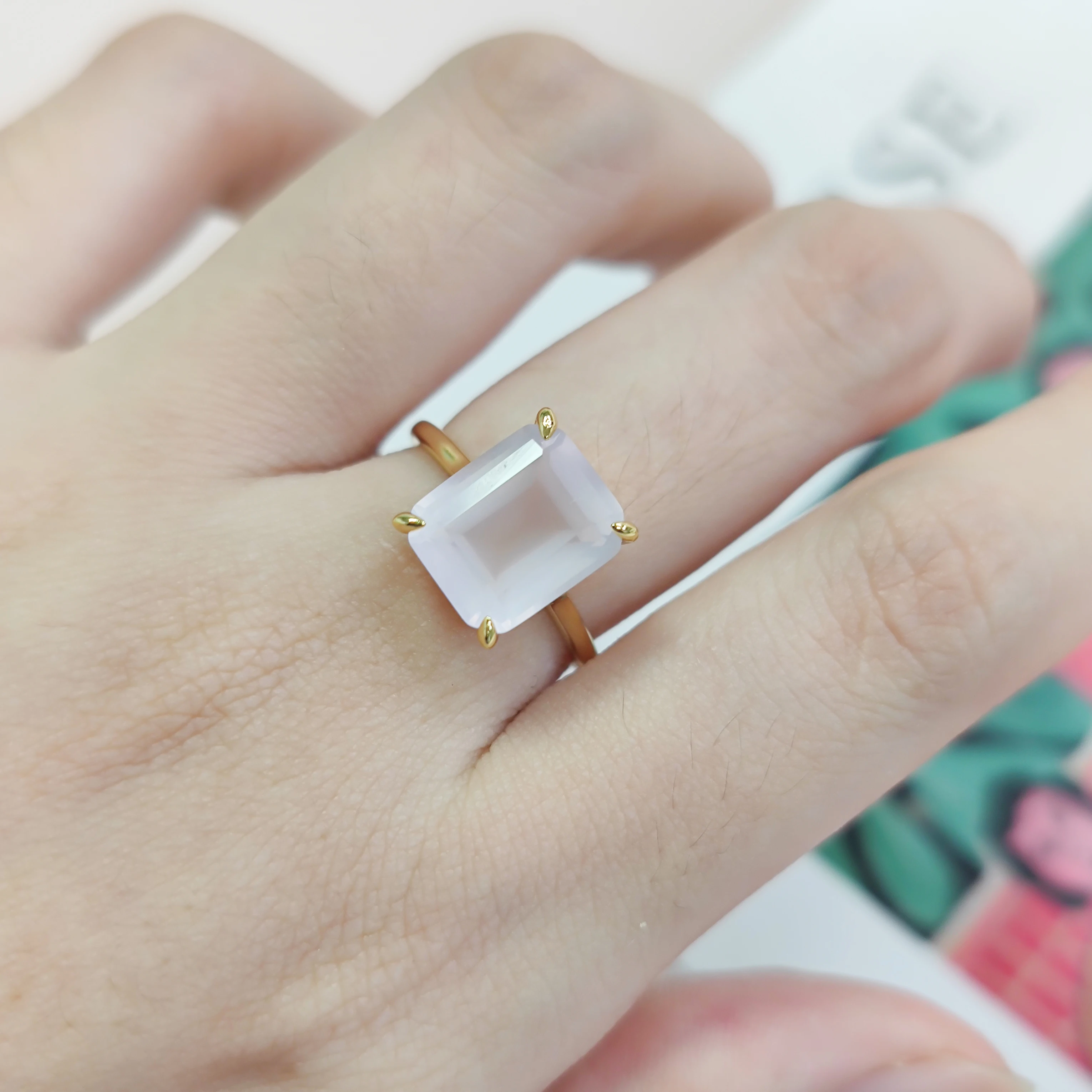 GEM'S BALLET 18K Gold Plated Silver Octagon 9X11MM 4.56Ct Rose Quartz Birthstone Solitaire Eagle Prongs Women's Engagement Rings