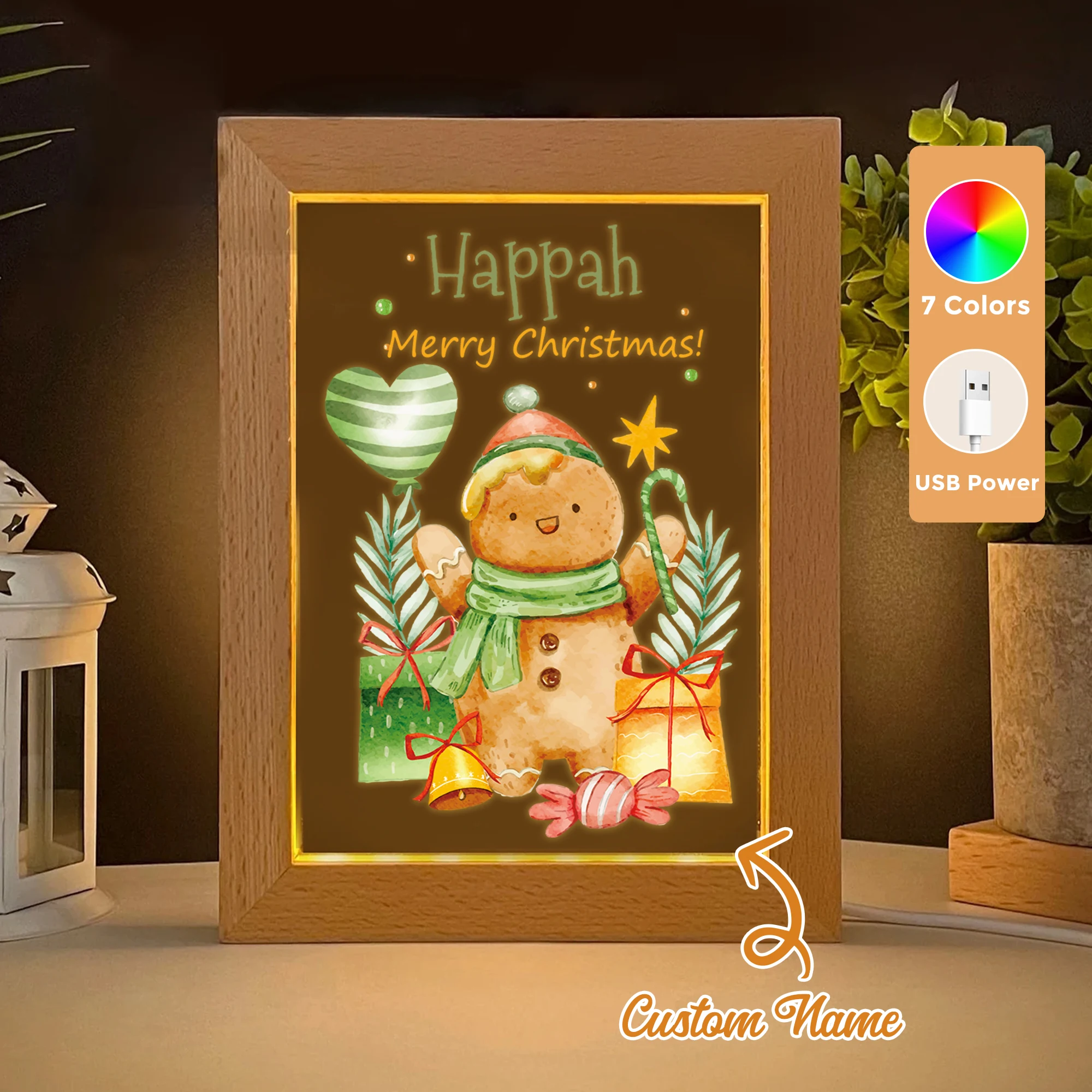 

Custom Name Gingerbread Man LED Acrylic Night Light Wood Photo Frame 21x17cm Christmas Cartoon Children Bedroom Gifts Home Decor