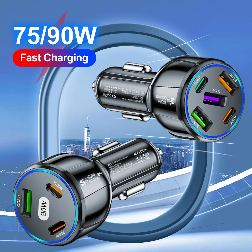 90W/75W Fast car Charger 3 Ports PD USB Car Charging Mobile Phone Type-C Adapter in Car for iPhone 14 15 Pro/Max Samsung