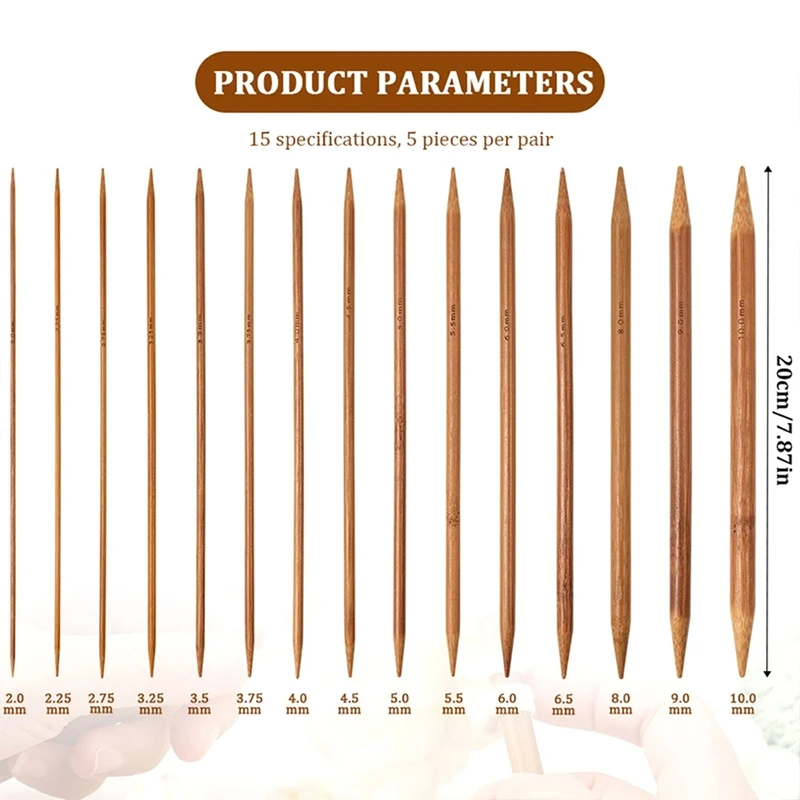 Ensemble d'aiguilles à tricoter en bambou, 75 pièces, 20cm, fil à tricoter carbonisé à Double pointe, tissage artisanal (2.0mm-10mm)