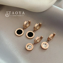 Pendientes clásicos de acero inoxidable con colgante de disco negro romano para mujer, aretes de Color oro rosa, accesorios de joyería incoloro, moda 2023