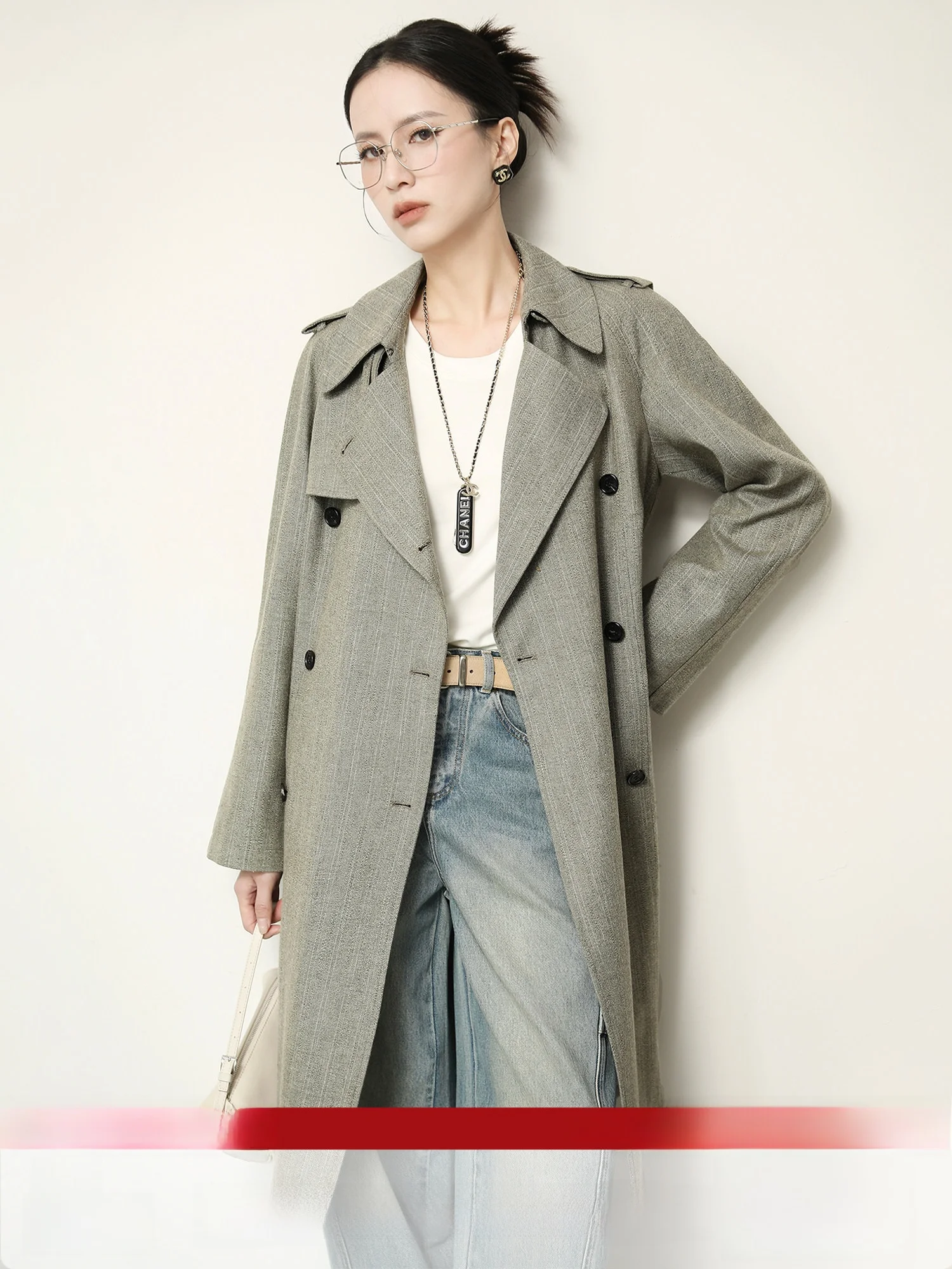 

Long Wool Blend Double Breasted Coat XUS Women's Loose Fit Casual Sle Windbreaker Briti Sle Outerwear Spring Season