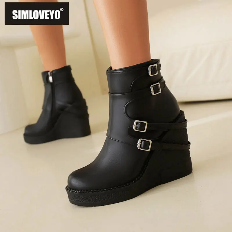 

SIMLOVEYO Fashion Women Ankle Boots Round Toe Wedges 10.5cm Zipper Belt Buckles Plus Size 41 42 43 Casual Daily Female Booties