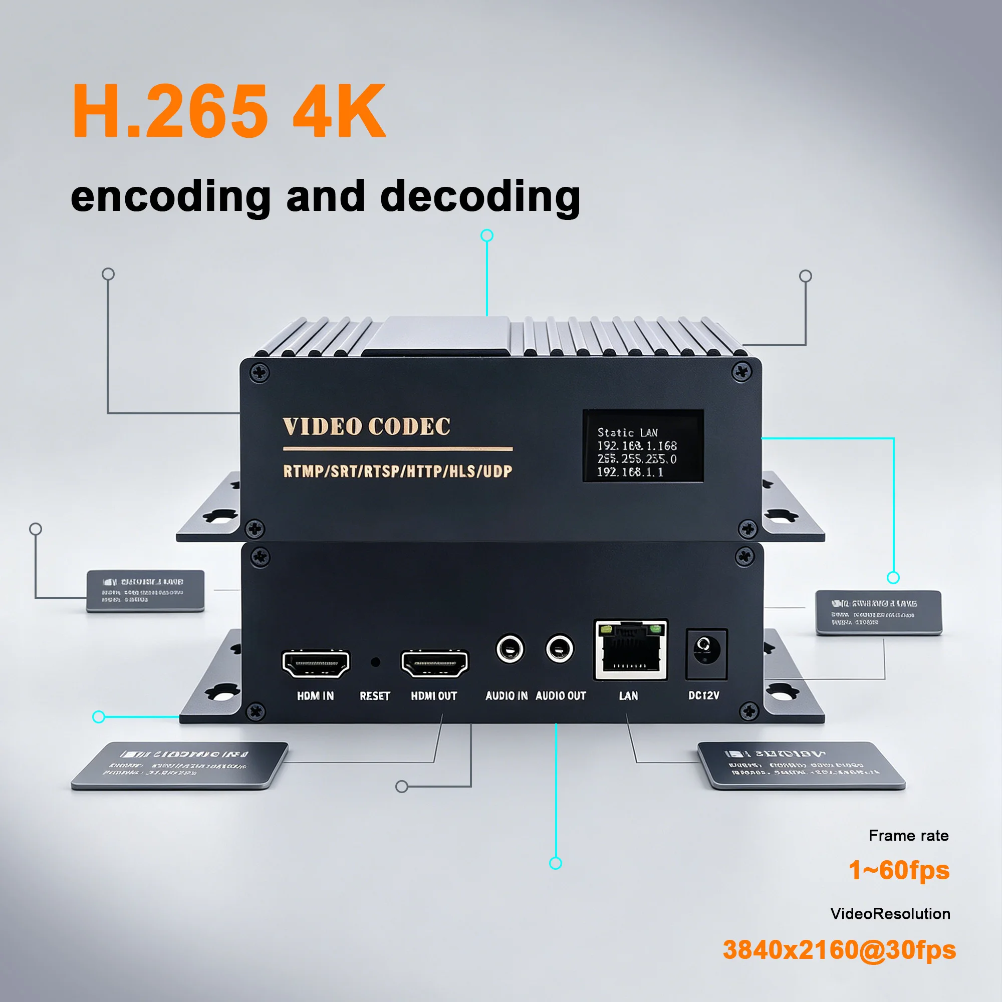 4K HD to IP Video Encoder Decoder,H.265 HD video codec,supports HD loop-through or decoded HD output，OLED display