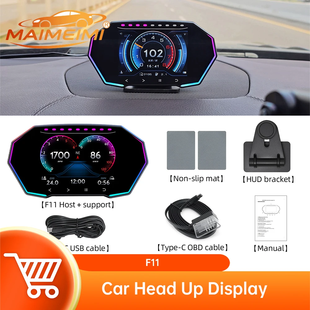 F11 Car Head Up Display OBD2 Smart Car HUD Turbo Gauge Digital Odometer Security Alarm Water&Oil Temp RPM Auto Meter