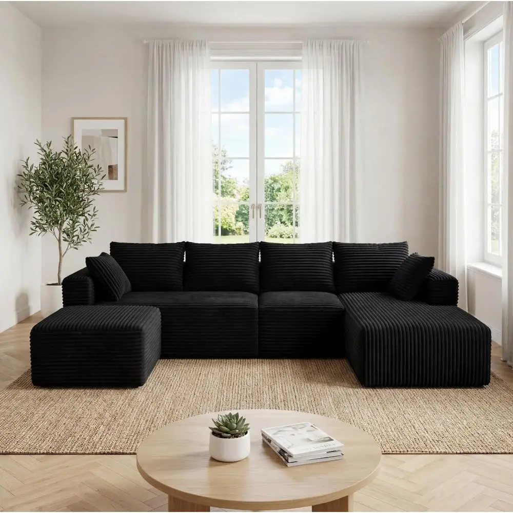 

118" ular Sectional Soa with Chaise and Ottoman, Oversized U-Shaped Corduroy Cloud Couch, Deep Seat BonelCouch or Living Room, N