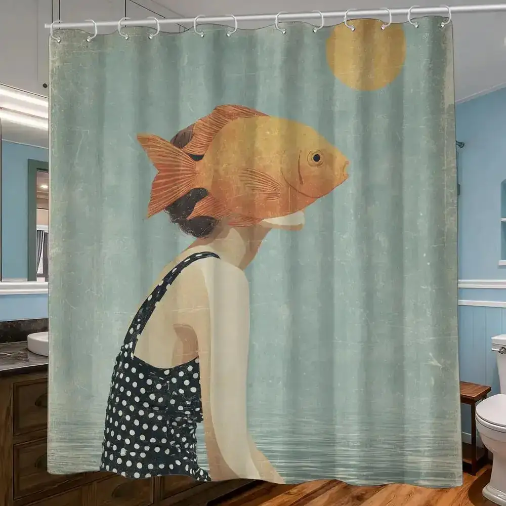 Surrealist Fish-Head Shower Curtain – Vintage Textured Portrait, Polka Dot Swimsuit, 12 Hooks,  Waterproof Artistic Bath Decor