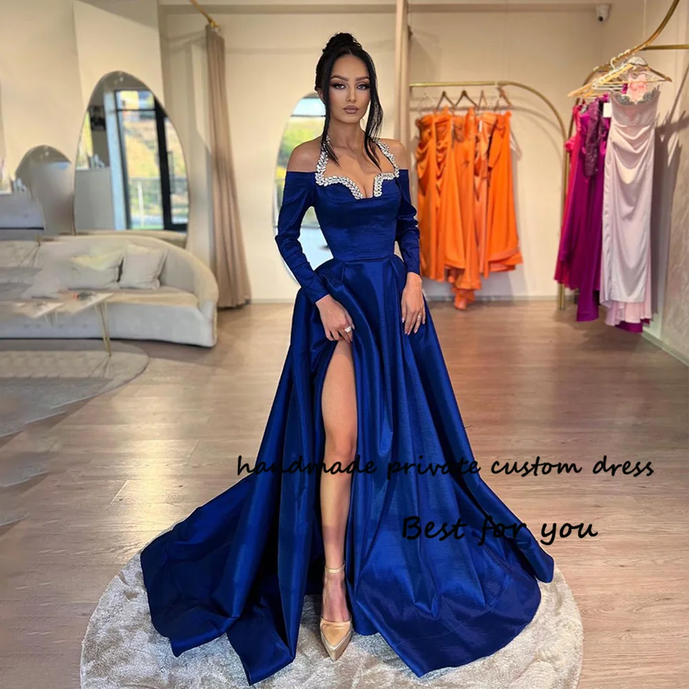 

Royal Blue Prom Dresses with Slit Beads Satin Halter A Line Evening Party Dress 3/4 Sleeve Celebrate Event Gowns Lace Up Back