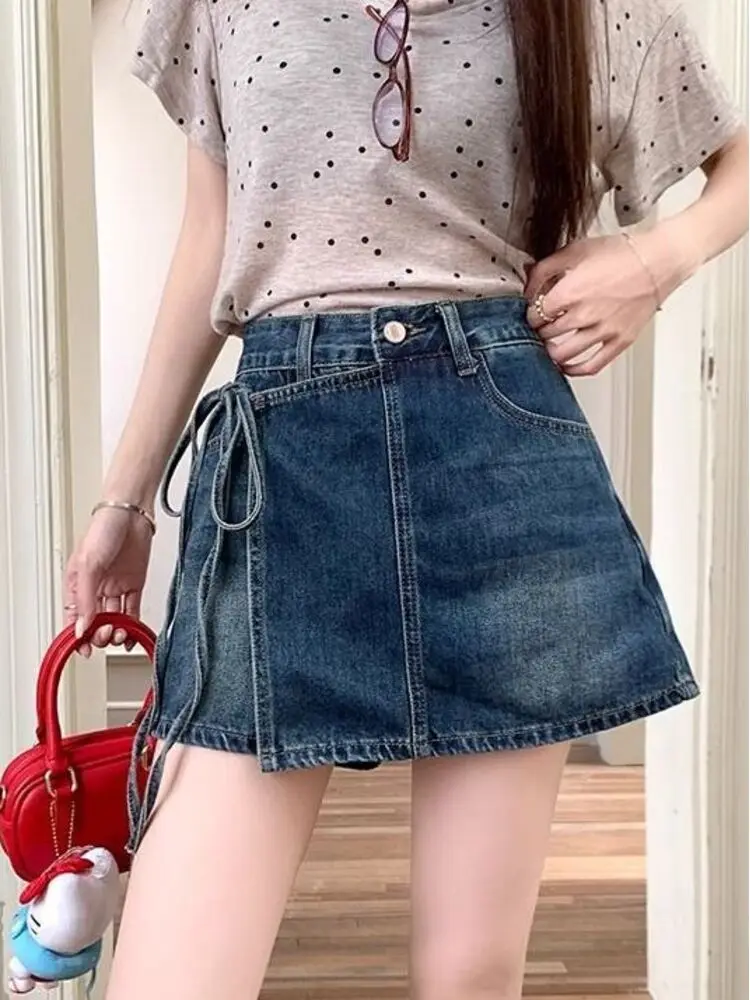Women High Waist Denim Skort Light Blue Wash Distressed Vintage Jean Shorts Asymmetrical Tie Front Frayed Hem