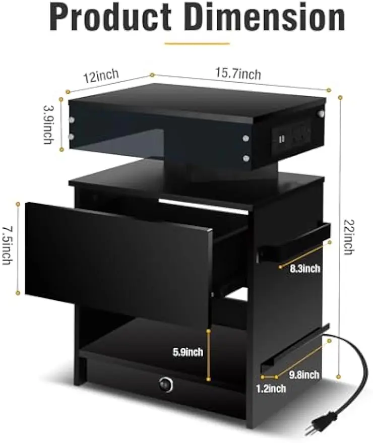 Nightstand with Charging Station,Induction Light and LED Light,Bedside Table with Drawers,Modern Nightstand End Side Table for B