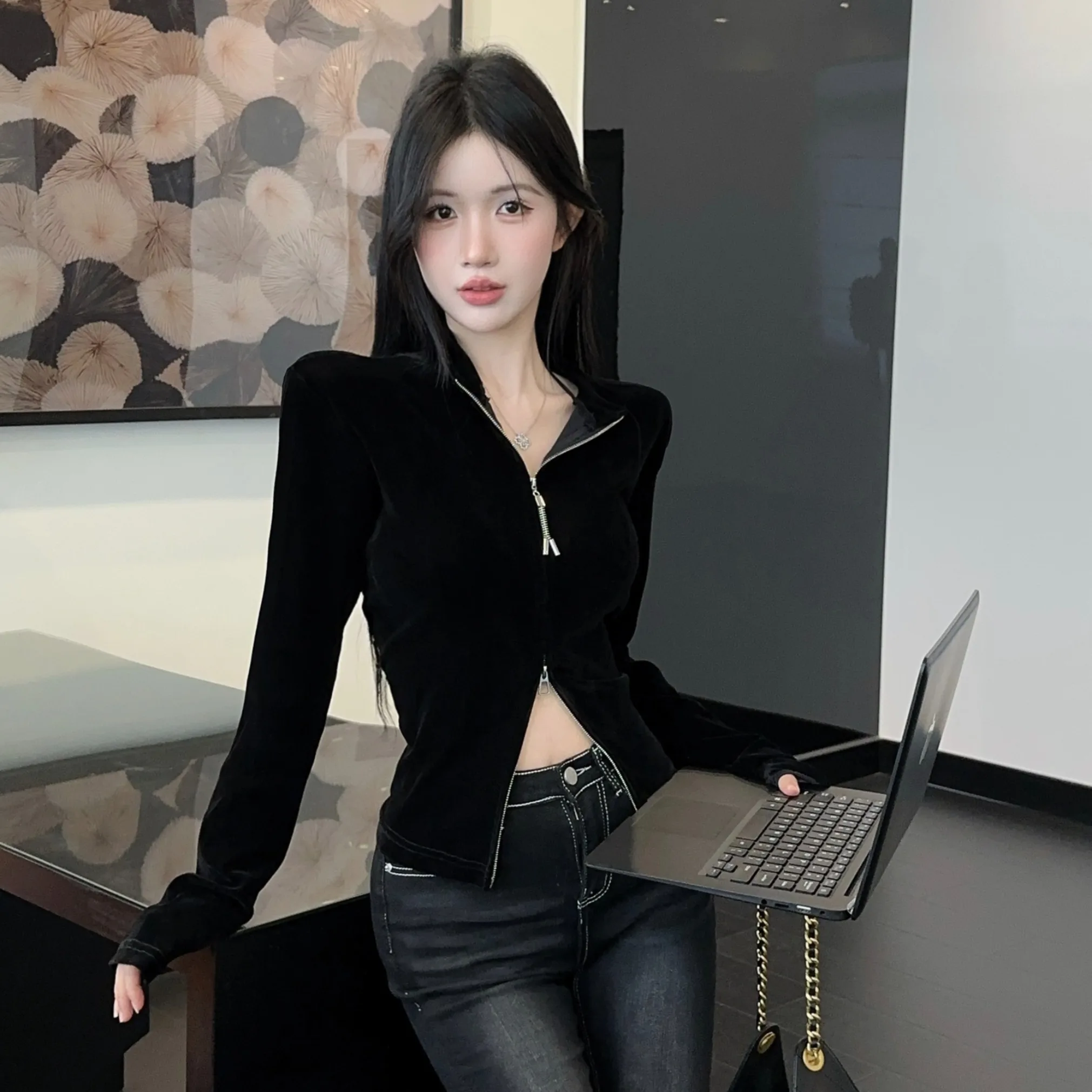 قميص مخملي طويل Sve بياقة واقفة وسحاب مزدوج متعدد الاستخدامات للتخسيس العصري للنساء للخريف والشتاء Faion يوميًا لون نقي T-... #4