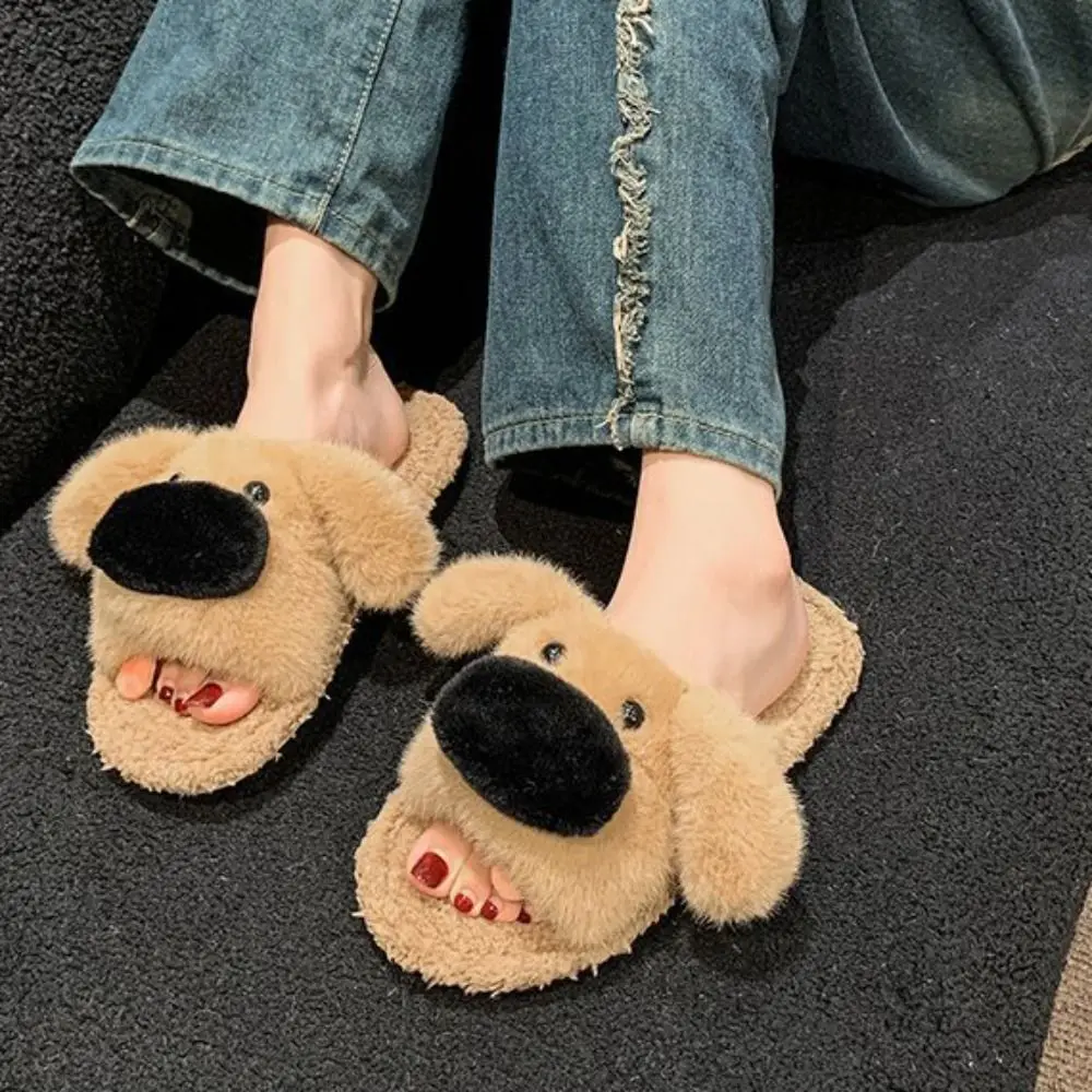 Homewear آذان طويلة الكلب النعال الشتاء رشاقته الدافئة الكرتون فروي النعال لينة سميكة سوليد المنزل أحذية قطنية الهدايا #4
