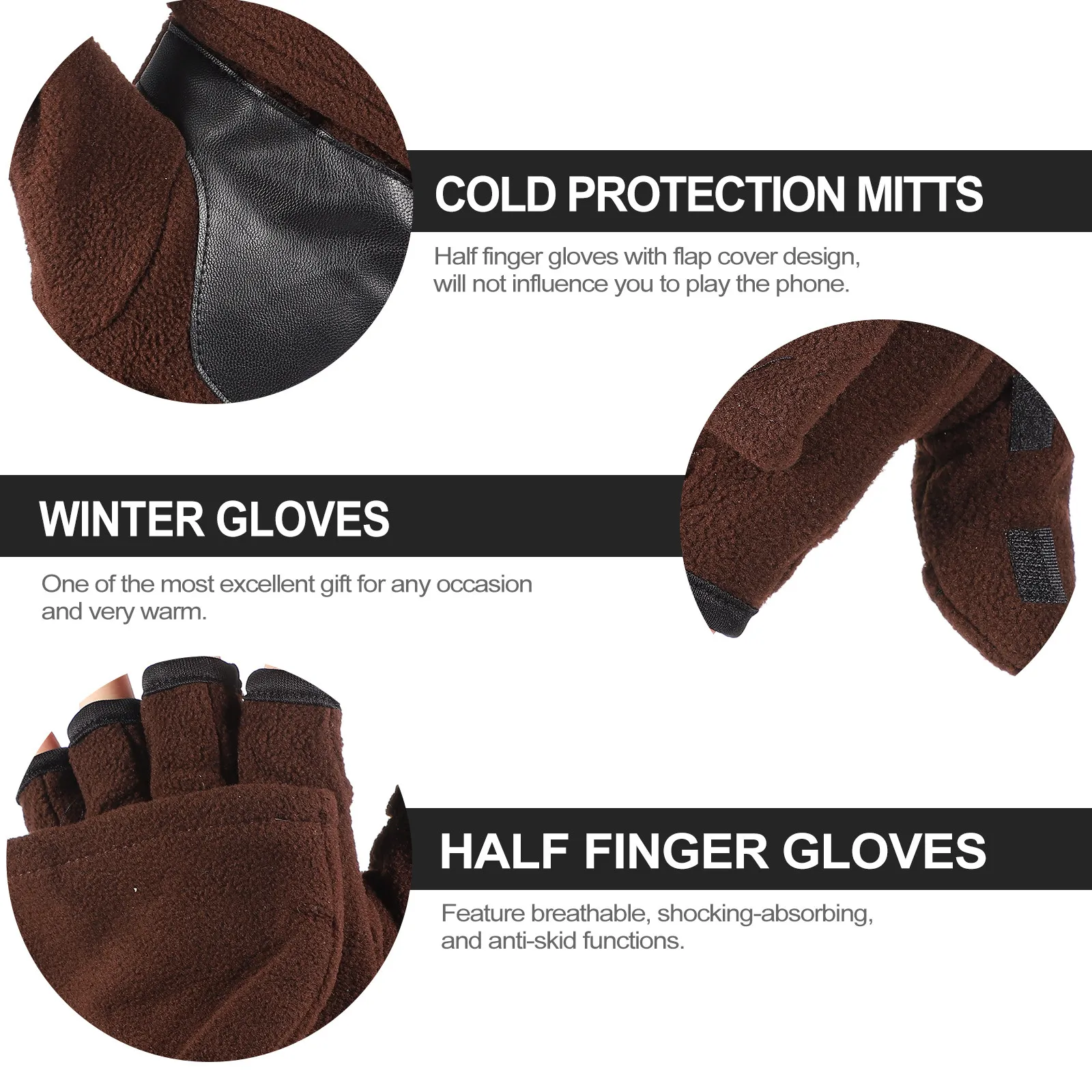 

1Pair Double-Layer Fleece Touch Screen Gloves Men's Half Finger Warm Mittens Breathable Shock-Absorbing Cold Weather Cycling