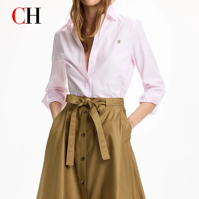 CH Gold Logo Left Chest Premium Cotton Dress Shirt Women Soft Breathable Wrinkle Resistant Office Daily Tops
