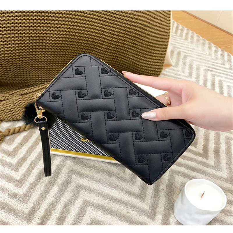 Women'S Wallet Heart Embroidery Line Clutch Long Solid Color Zipper Coin Purse Casual Fashion Multi-Layer Card Bag Gift 2024 New