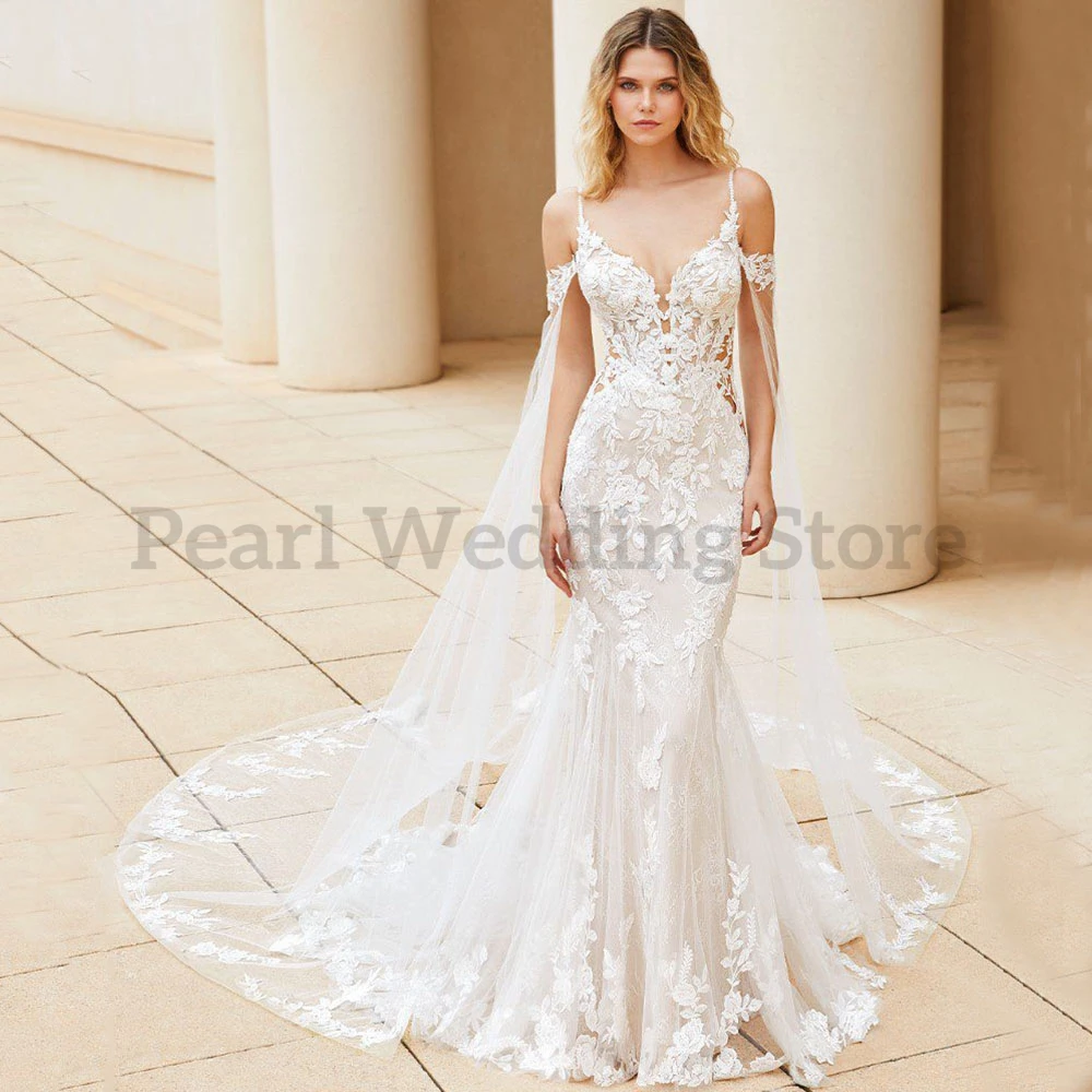 Elegant Mermaid Wedding Dress Tulle Lace Appliques V-Neck Spaghetti Strap Backless Bride Abiti Da Sposa Illusion Bridal Gown